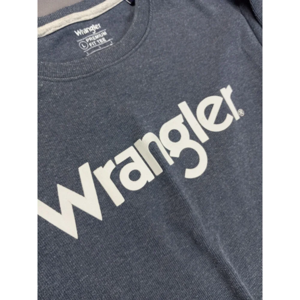 Wrangler Mens Long Sleeve Premium Fit Tee Blue Cotton Logo Shirt Large